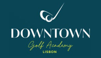 Logo for Downtown Golf Academy Lisbon: teal background with a stylized golf swing emblem above the words 'DOWNTOWN Golf Academy' and 'LISBON' beneath.