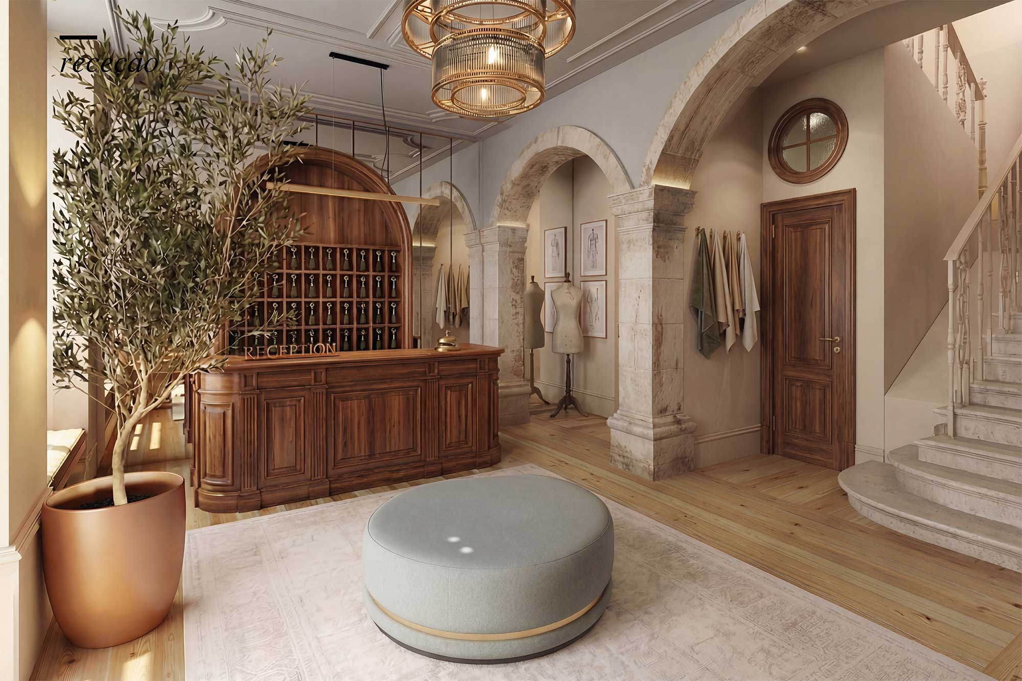 Elegant hotel reception area with a wooden curved desk, arches, and a large olive tree in a copper pot.
